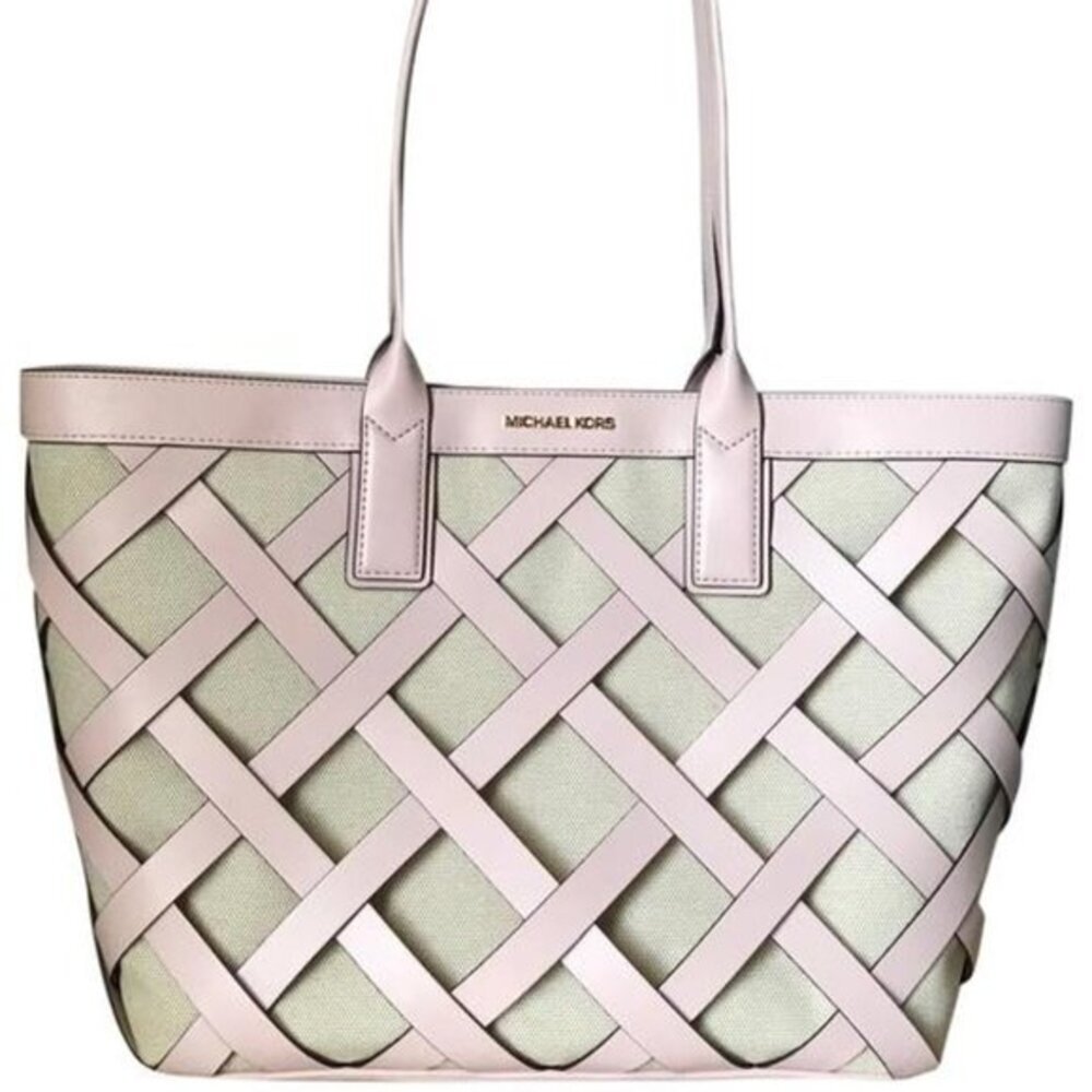Michael Kors Sienna Large Tote Shoulder Bag Powder Blush Leather Canvas - Picture 2 of 16